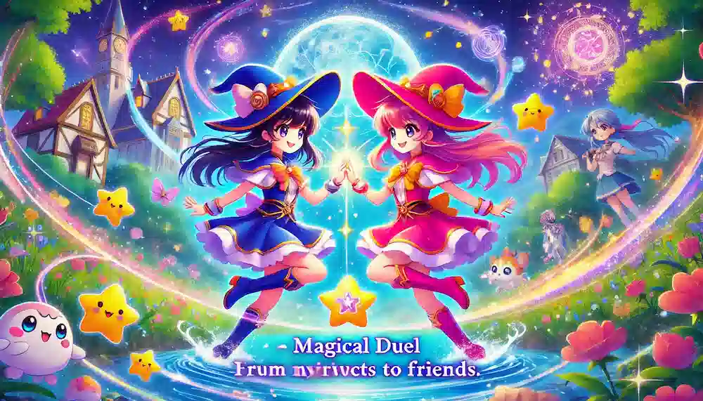 魔女っ子メグちゃんとノンの呪文と絆！ライバルから親友への魔法の世界のアイキャッチ画像。魔法の対決が友情に変わる場面を描いた、呪文のエフェクトと神秘的な背景が魅力的なシーン。