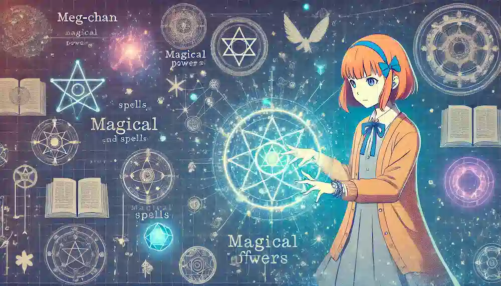 メグちゃんの魔力と呪文のアイキャッチ画像。強力な呪文を唱えるメグちゃんを中心に、魔法のエフェクトやシンボルが彼女の独自の能力を強調する構図。