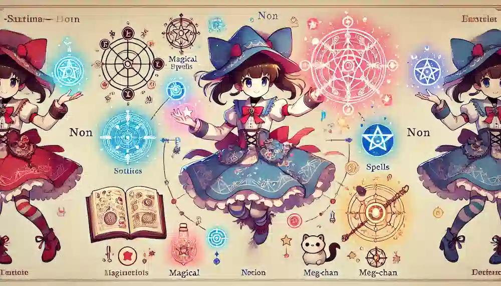 ノンの魔力と呪文のアイキャッチ画像。呪文を唱えるノンを中心に、魔法のエフェクトやシンボルが彼女の独自の能力を際立たせる構図。