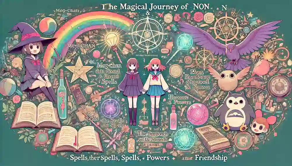 まとめのアイキャッチ画像。メグちゃんとノンの魔法の旅を総括するシーン。呪文や力、友情のハイライトを含む、視覚的に魅力的で一貫性のある構成。