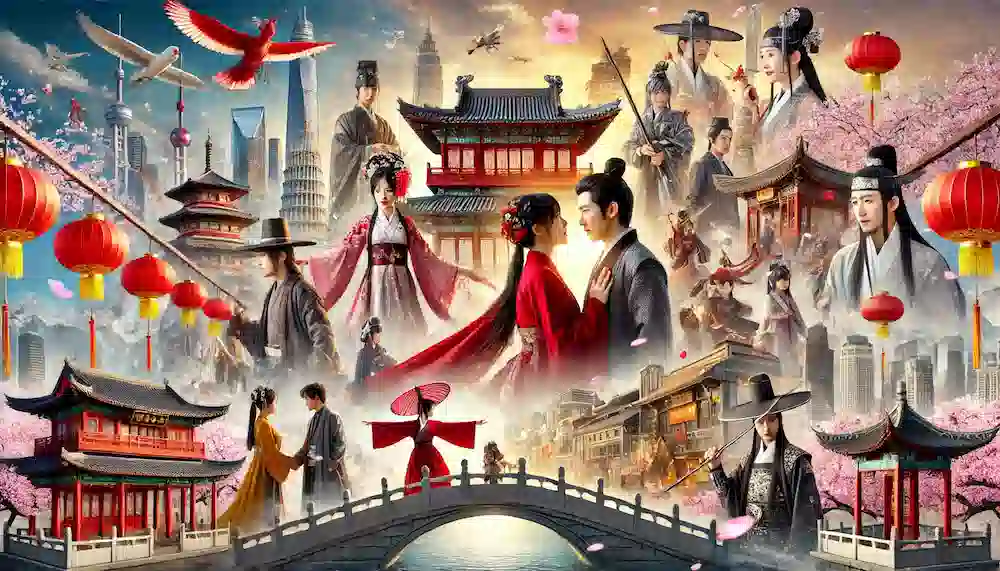 U-NEXTで楽しむ中国ドラマの世界!歴史からラブコメまでおすすめ作品大公開のアイキャッチ画像。伝統的な中国の要素（パゴダ、桜の花）や現代の都市景観が含まれた、多様で魅力的なシーン。