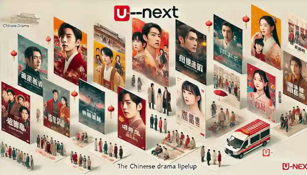 U-NEXTの中国ドラマラインナップのアイキャッチ画像。様々な人気中国ドラマのポスターやシーンが含まれ、バラエティと選択肢の豊富さが強調された情報豊富で視覚的に魅力的な構図。