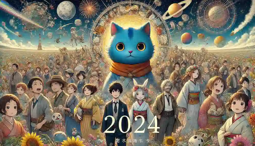 京まふ2024の見どころのアイキャッチ画像。色とりどりのバナー、コスプレイヤー、アイコニックな漫画とアニメのキャラクターが活気に満ちたフェスティバルの雰囲気を背景に、京都の伝統文化と現代アニメの美学が融合したシーン。