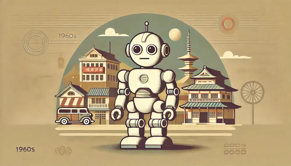 1960年代のロボットアニメのシーン。レトロなデザインのロボットが活躍。