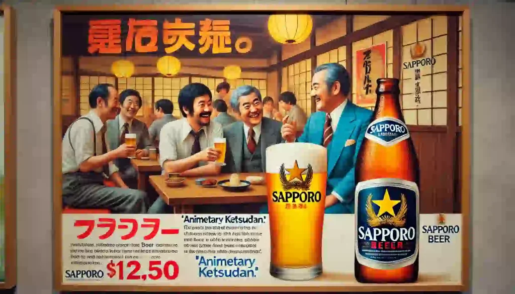 1970年代のサッポロビールの広告をイメージした、ビールを飲む男性たち。