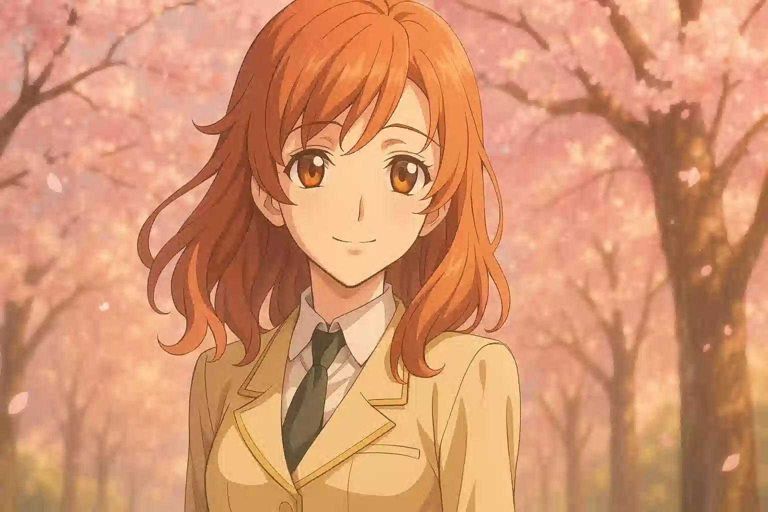 『復活のルルーシュ』で生存しているシャーリーが桜の下で微笑む幻想的なシーンのイメージ画像。