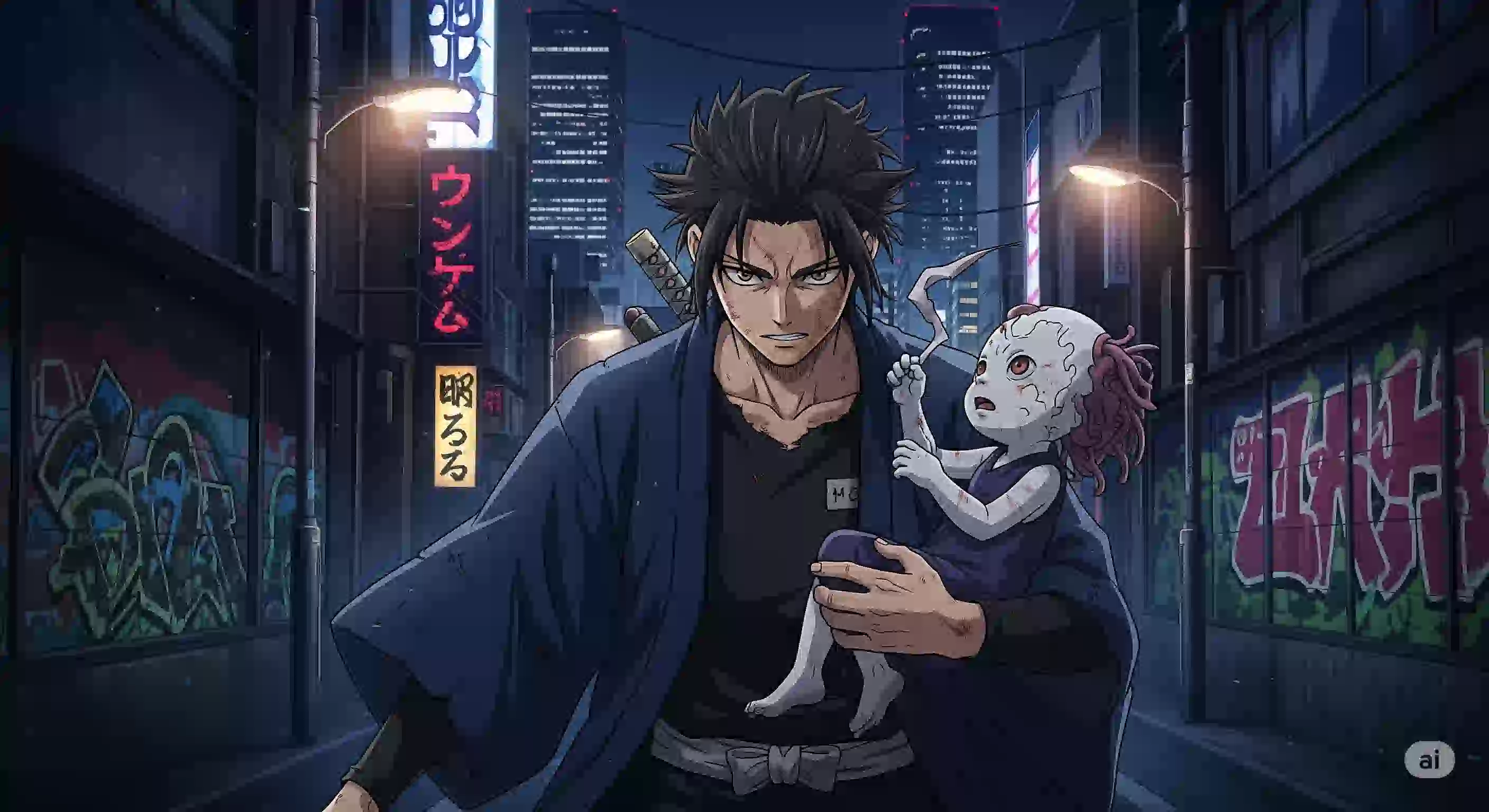 『灰色の陰陽師』の主人公・鯖虎が、家族である暮明のきゅえを抱きかかえ、厳しい表情で前を見据えているアニメ風のイラスト。背景は夜の街。