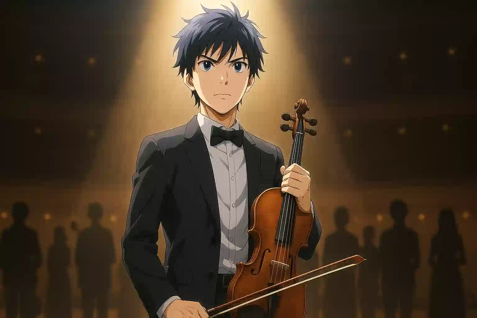 アニメ『青のオーケストラ』第2期。コンサートホールのステージで、決意の表情を浮かべてヴァイオリンを構える主人公・青野一と、背景に映る仲間たちのシルエット。