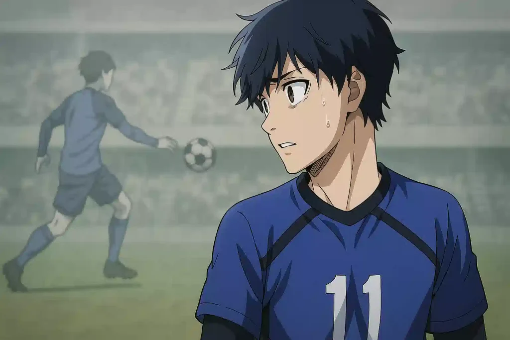 潔世一が後悔の表情で過去のパス選択を振り返る、物語のプロローグを描いたアニメスタイルのイラスト。