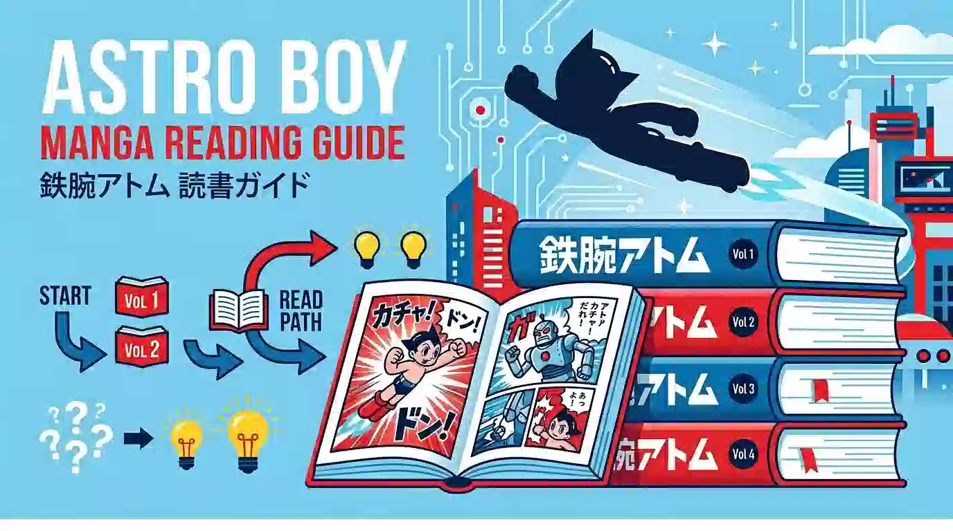鉄腕アトムの漫画読み方ガイド - 複数の漫画本の上を飛ぶアトムのシルエットと初心者向けの案内要素を配置したアイキャッチ画像