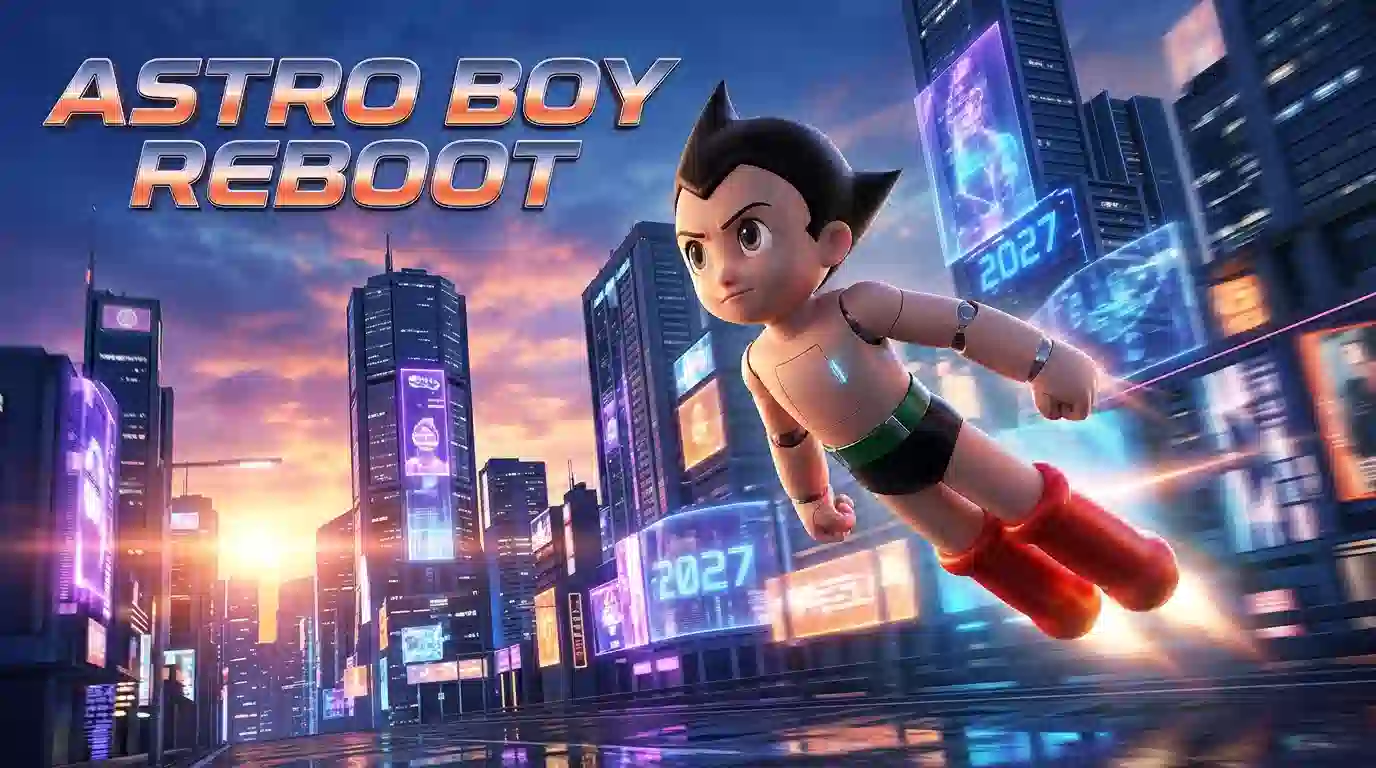 鉄腕アトムの新作CGIアニメ「Astro Boy Reboot」2027年公開予定のイメージ、未来都市を飛ぶモダンなデザインのアトム