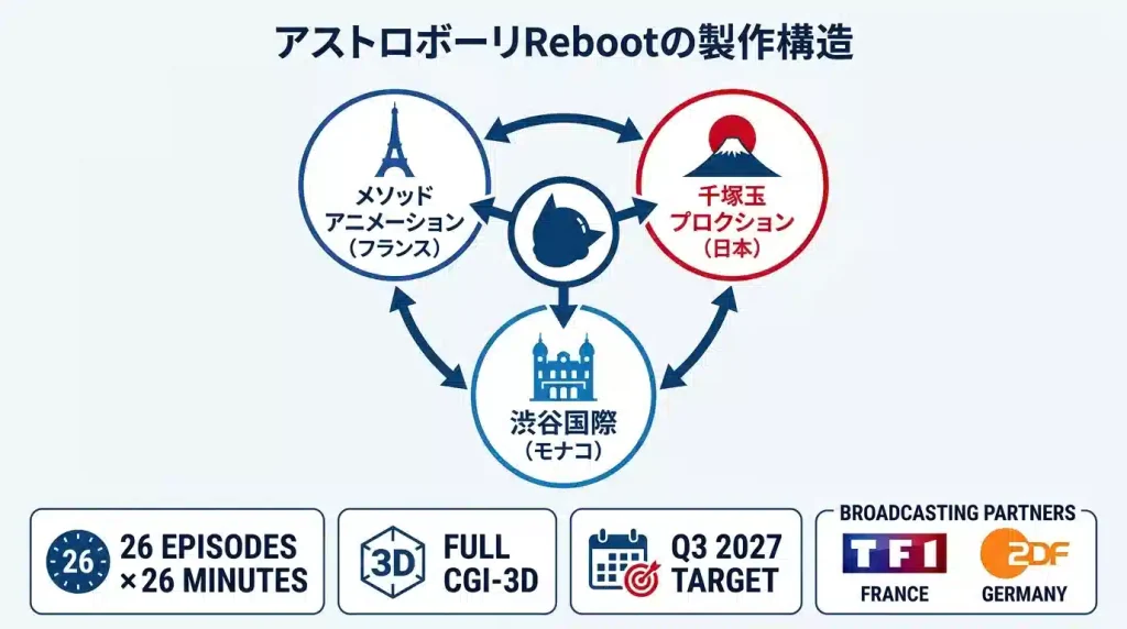 Astro Boy Rebootの制作体制図、フランスMethod Animation・手塚プロダクション・Shibuya Internationalの3社共同制作の関係性を示すインフォグラフィック